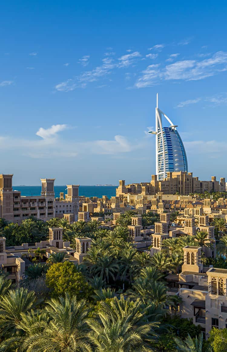Aerial view of Madinat Jumeirah with Burj Al Arab in the background